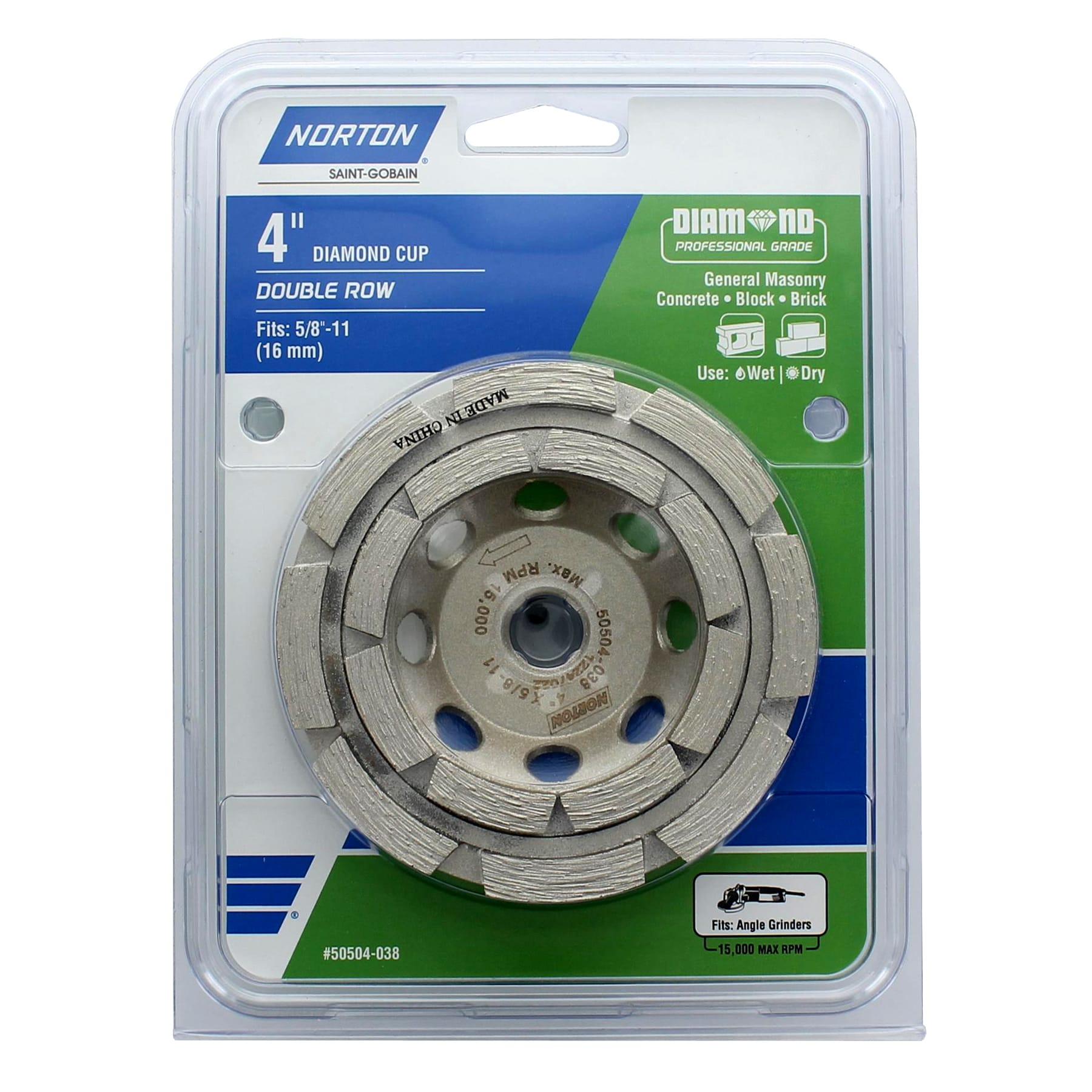 Norton Taza de Diamante - Doble hilera de 4 pulgadas con Diamante de 24 granos - Taza de Rueda 50504-038