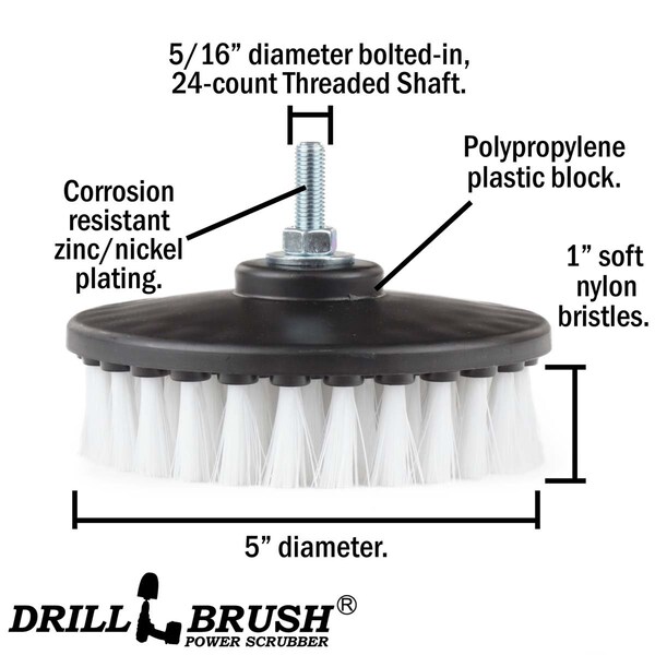 Cepillo Eléctrico para Taladro Drill Brush Power Scrubber de Useful Products 5 pulgadas de ancho 5 pulgadas de largo, color blanco - 5IN-S-W-T-DB