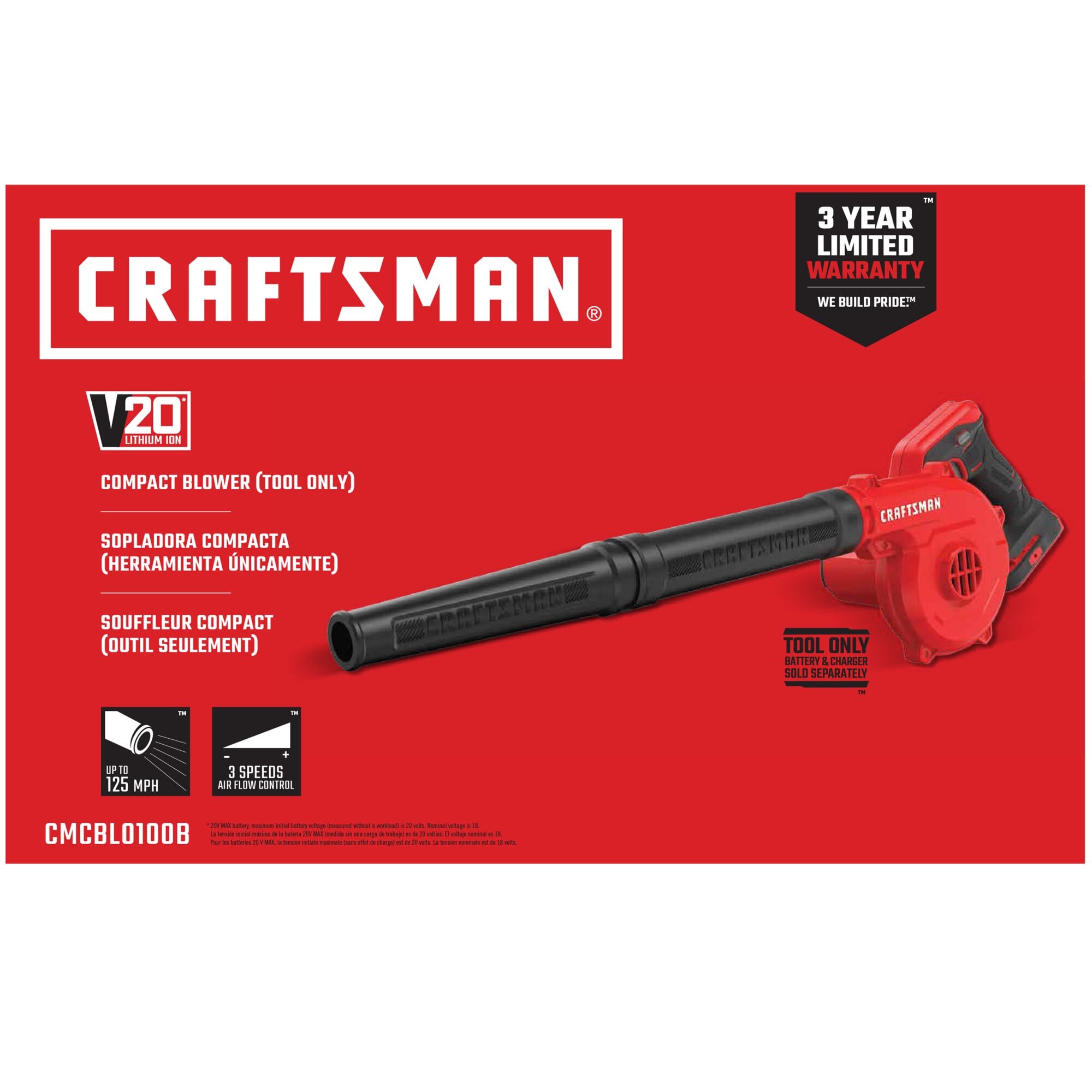 Soplador para sitio de trabajo CRAFTSMAN V20 de 20 voltios máx, modelo CMCBL0100B