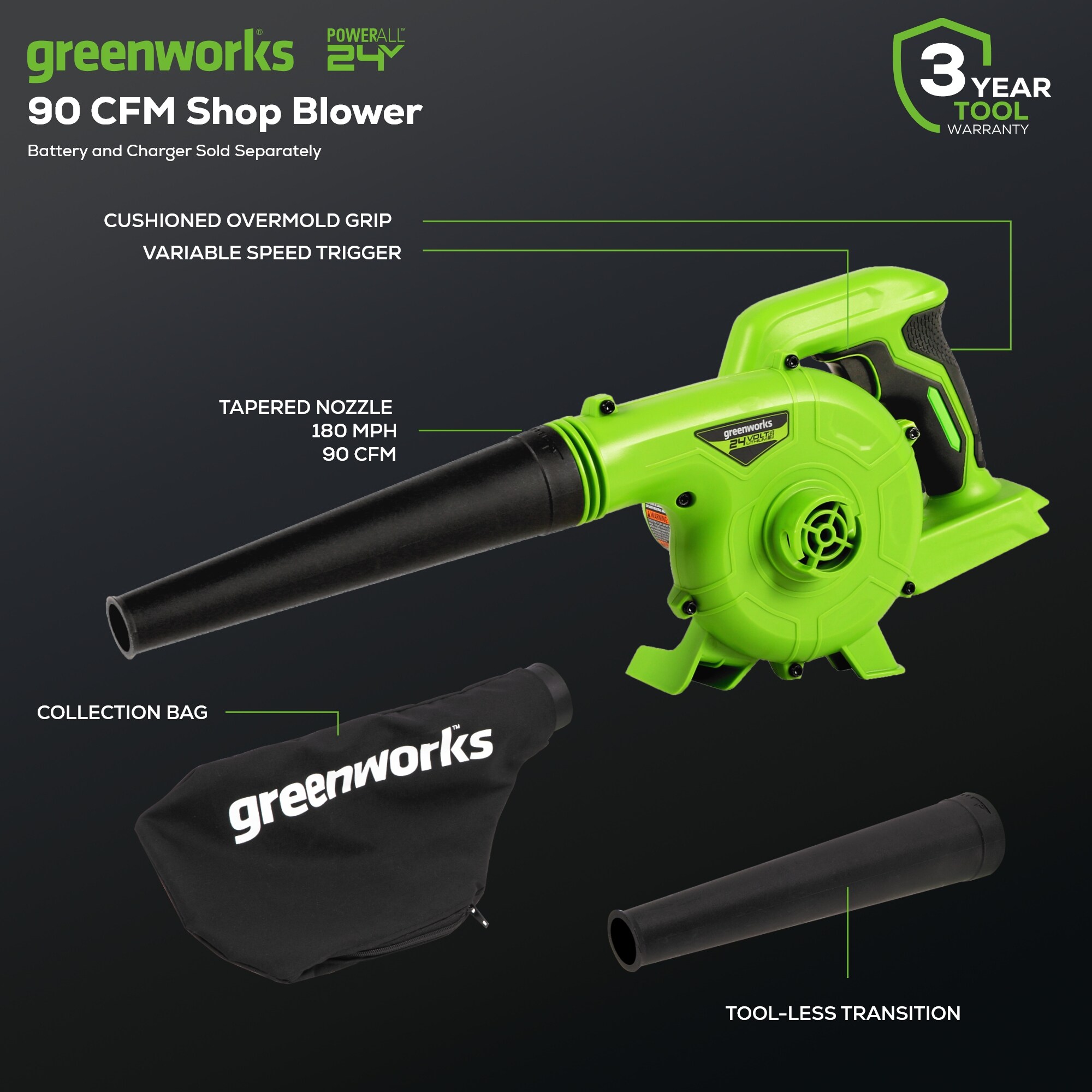 Soplador Greenworks de 24 voltios para obras SBL24B00