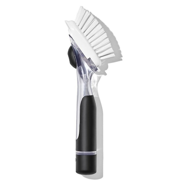 Cepillo para platos con dispensador de jabón Oxo International, cerdas de nailon, 9.3 pulgadas de largo, mango de plástico y goma, negro/transparente/blanco - 12361700