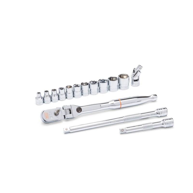 Llave de trinquete con cabezal flexible y mecanismo de bloqueo de 1/4 de pulgada de GEARWRENCH y juego de herramientas métricas para mecánicos de 15 piezas (81390)