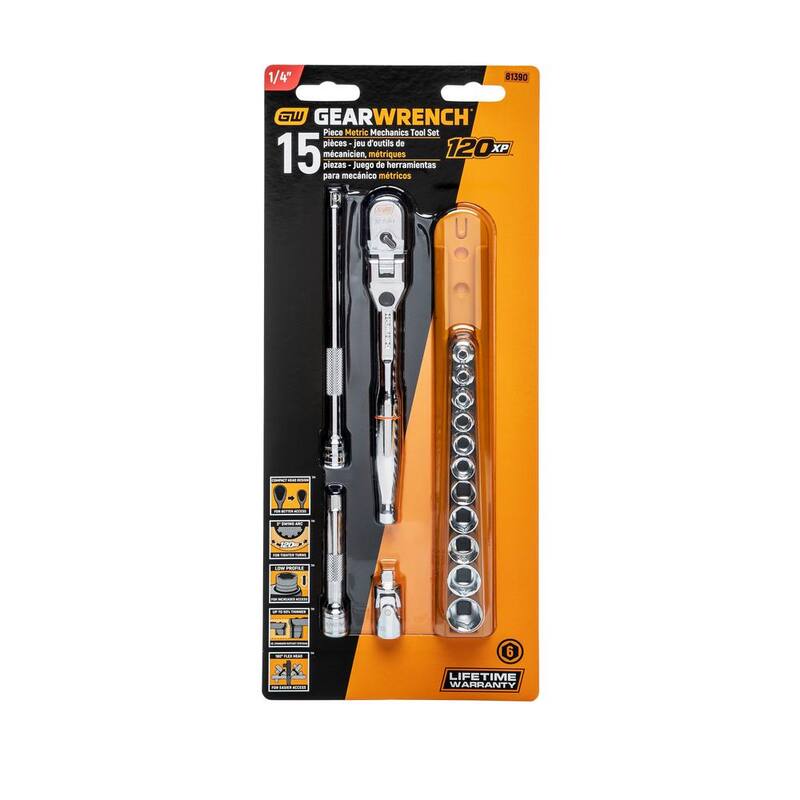 Llave de trinquete con cabezal flexible y mecanismo de bloqueo de 1/4 de pulgada de GEARWRENCH y juego de herramientas métricas para mecánicos de 15 piezas (81390)