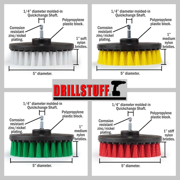 Suministros de limpieza Drillstuff - Cepillo para taladro - Kit de cepillo multiusos para limpieza a presión - 5IN-S-GRWY-QC-DS