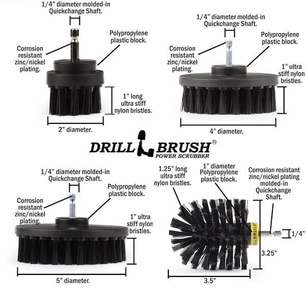 Cepillo eléctrico para taladro Drill Brush Power Scrubber de Useful Products 5 pulgadas de ancho 7 pulgadas de largo, color negro - K-S-542O-7X-QC-DB