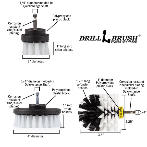 Juego de Cepillos para Taladro Drillbrush 4 in. W con Cerdas Suaves/Medianas y Mango de Metal - 810003601216