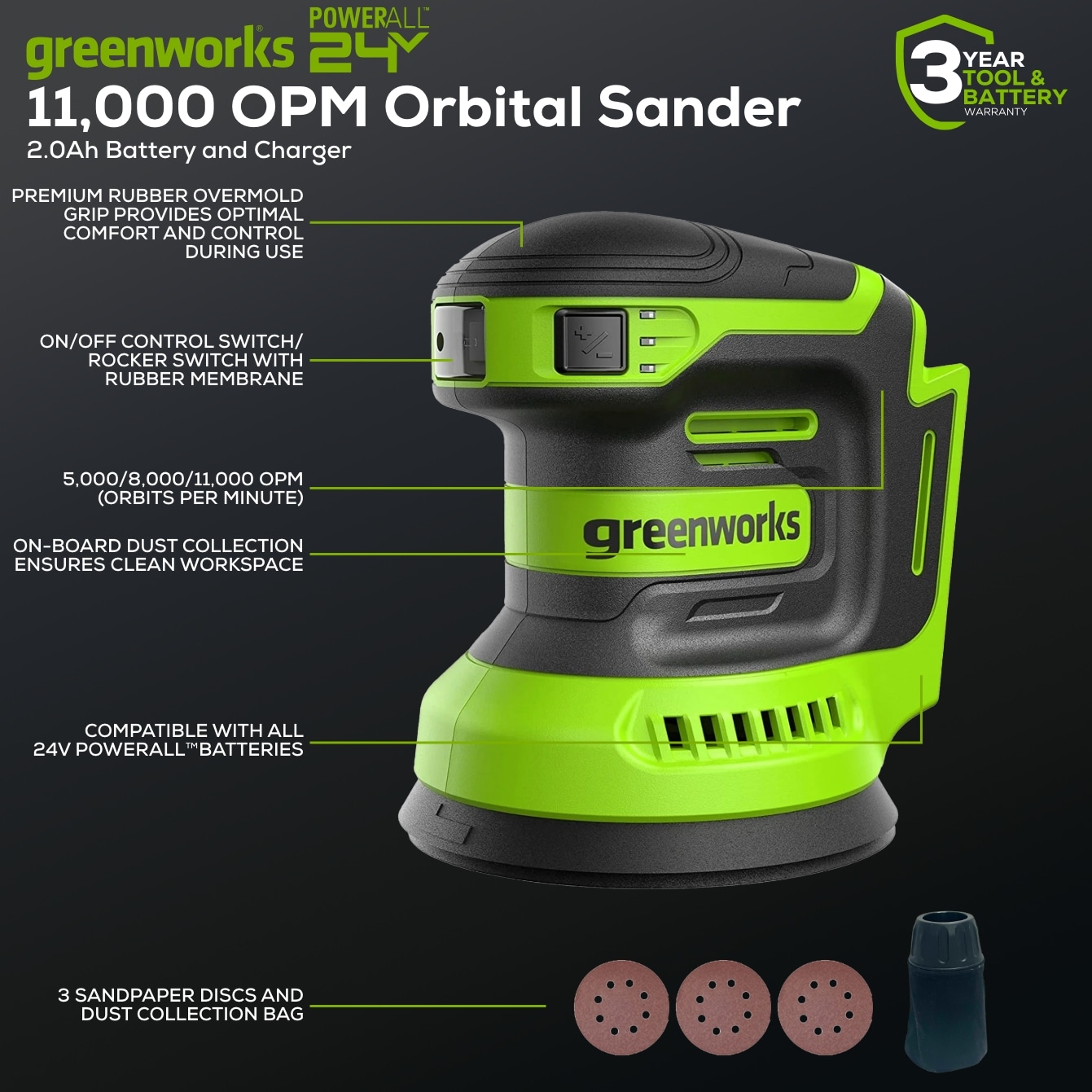 Lijadora orbital inalámbrica Greenworks de 24 voltios y 5 amperios con velocidad variable y gestión de polvo, incluye batería 3101602