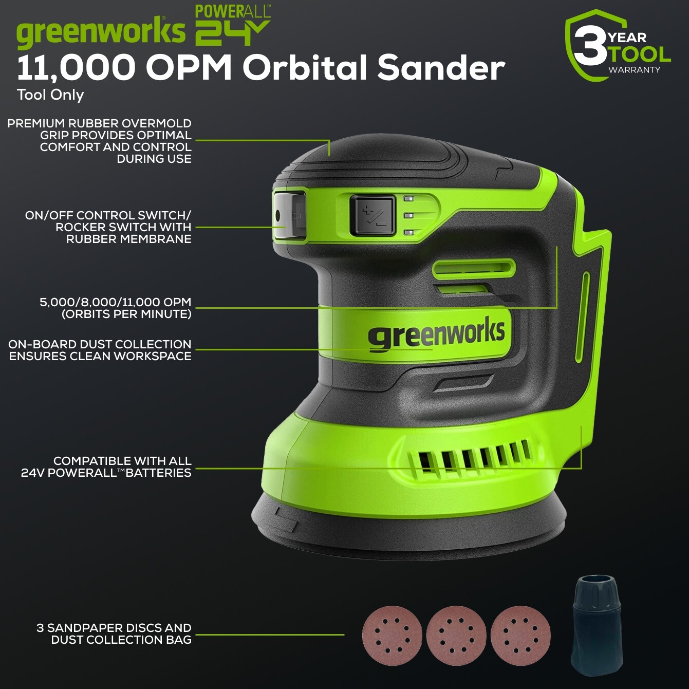 Lijadora inalámbrica orbital de velocidad variable Greenworks 24-Volt 5-Amperios con manejo de polvo 3101702