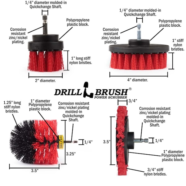Cepillo de Taladro Power Scrubber de Useful Products 5 in W 5 in L, Rojo - R-S-E42O-QC-DB