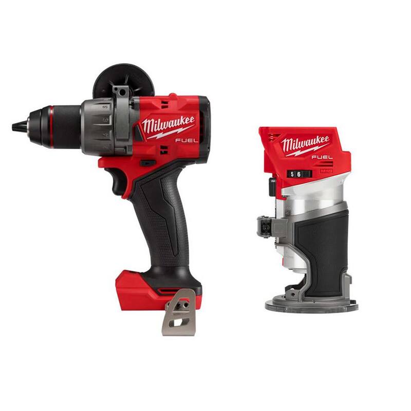 Milwaukee M18 FUEL 18V Taladro/destornillador de martillo inalámbrico sin escobillas de iones de litio de 1/2 pulgada con enrutador compacto - 2904-20-2723-20