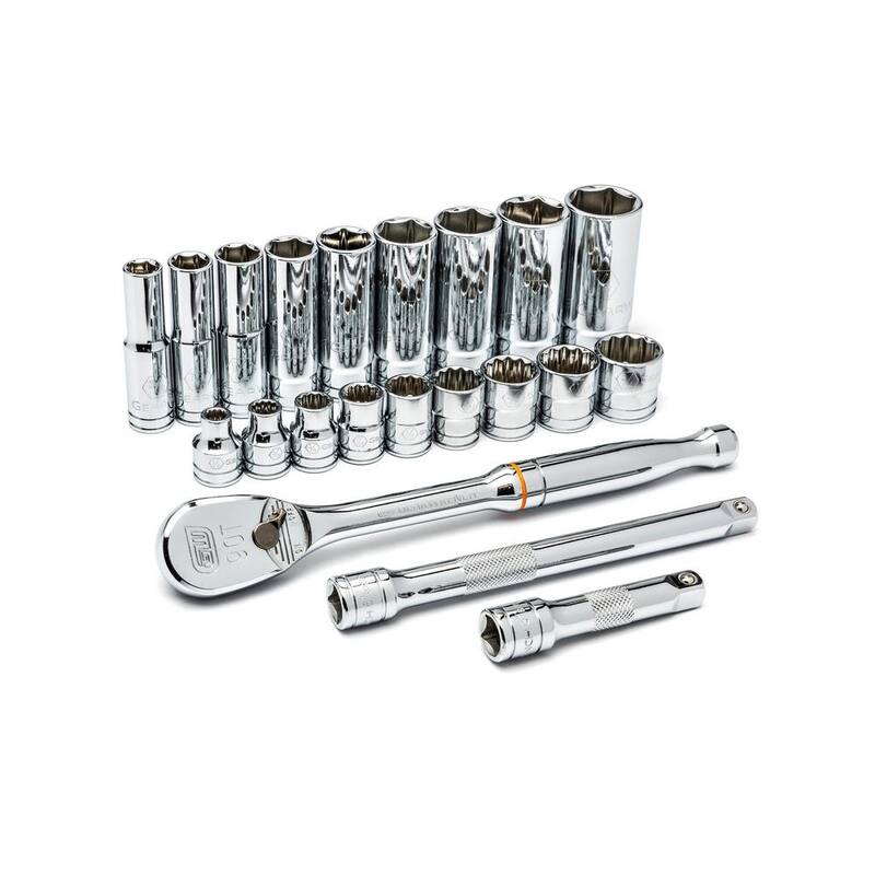 Juego de herramientas mecánicas GEARWRENCH de trinquete y dados de 6 y 12 puntos, 3/8 pulgadas y 90 dientes SAE profundos y estándar (21 piezas) - 80557