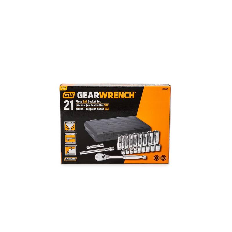 Juego de herramientas mecánicas GEARWRENCH de trinquete y dados de 6 y 12 puntos, 3/8 pulgadas y 90 dientes SAE profundos y estándar (21 piezas) - 80557