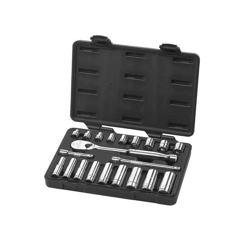 Juego de herramientas mecánicas GEARWRENCH de trinquete y dados de 6 y 12 puntos, 3/8 pulgadas y 90 dientes SAE profundos y estándar (21 piezas) - 80557