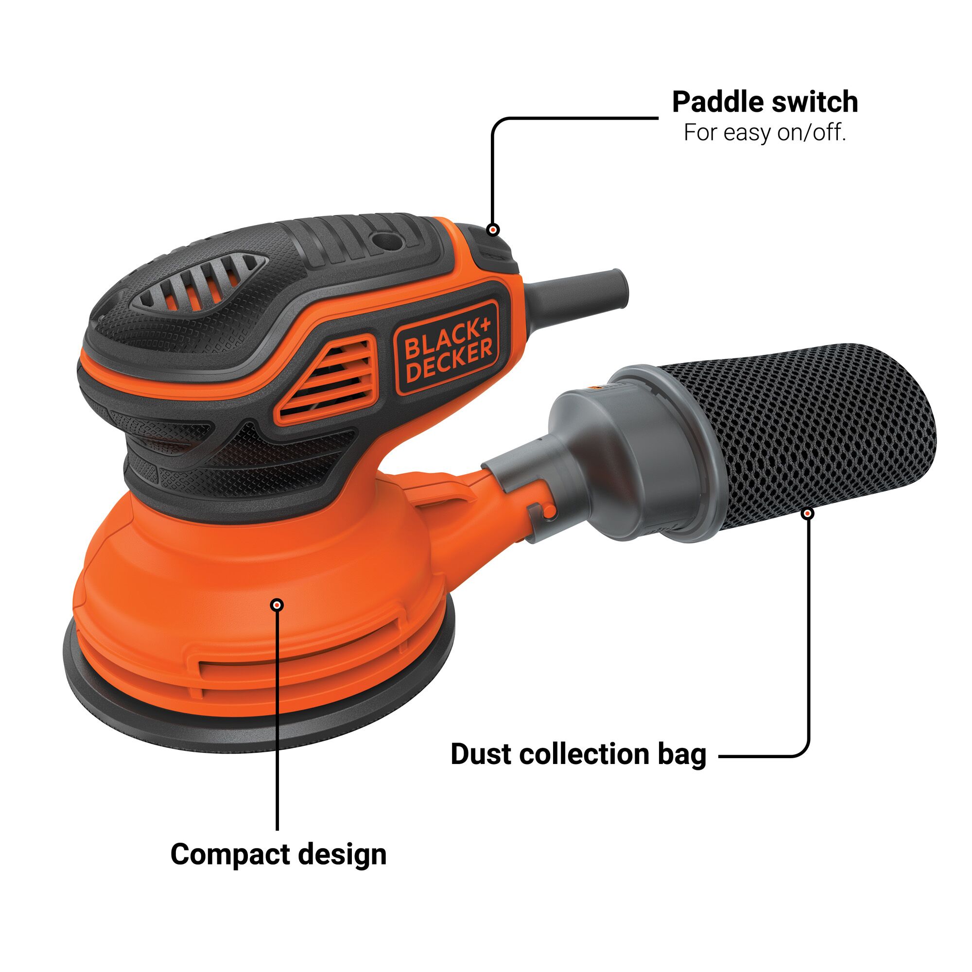 Lijadora orbital con cable BLACK+DECKER de 2.4 amperios con control de polvo BDERO600
