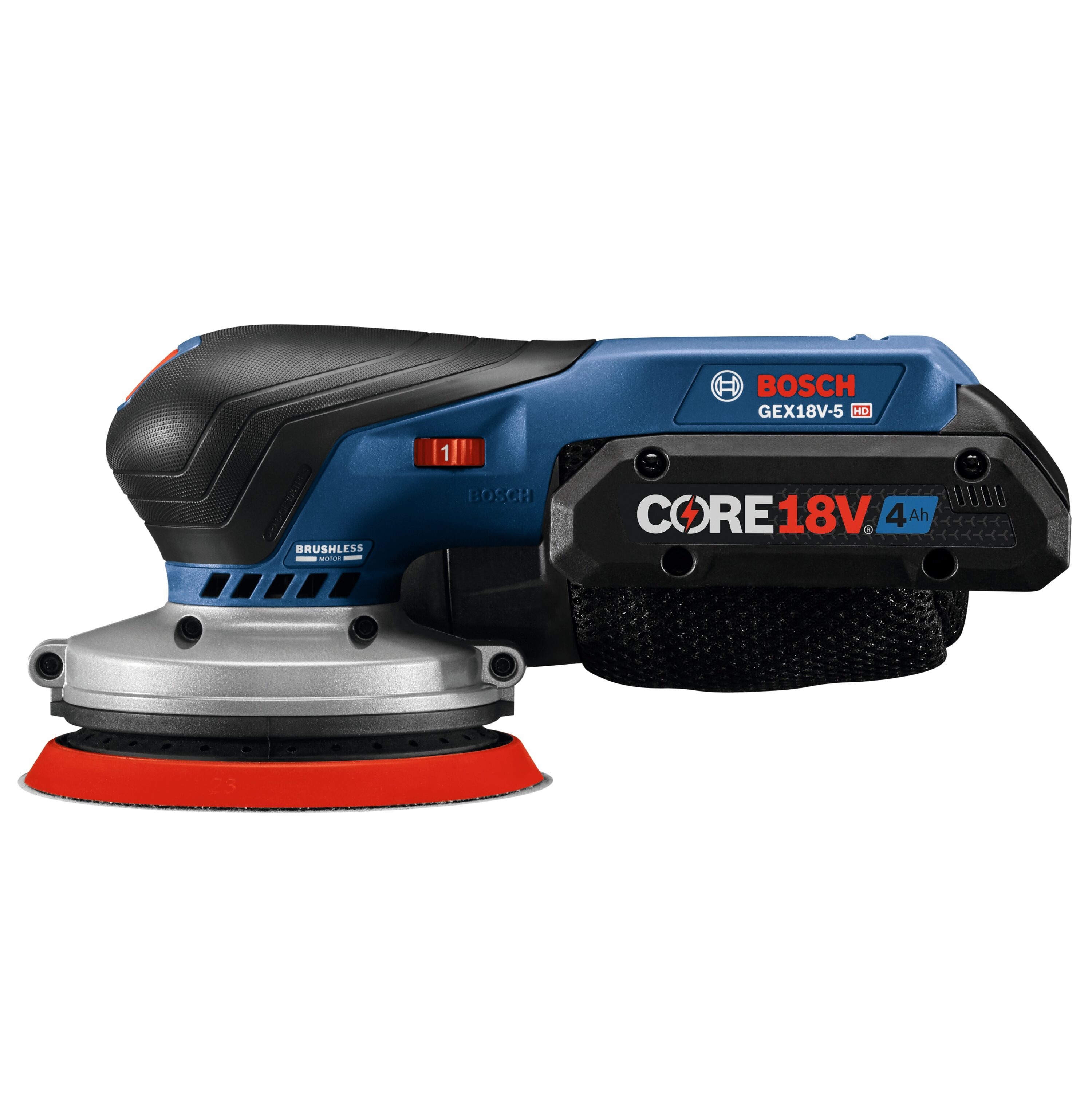 Lijadora orbital inalámbrica Bosch de 18 voltios y 4 amperios con velocidad variable sin escobillas y manejo de polvo, batería incluida GEX18V-5B15.