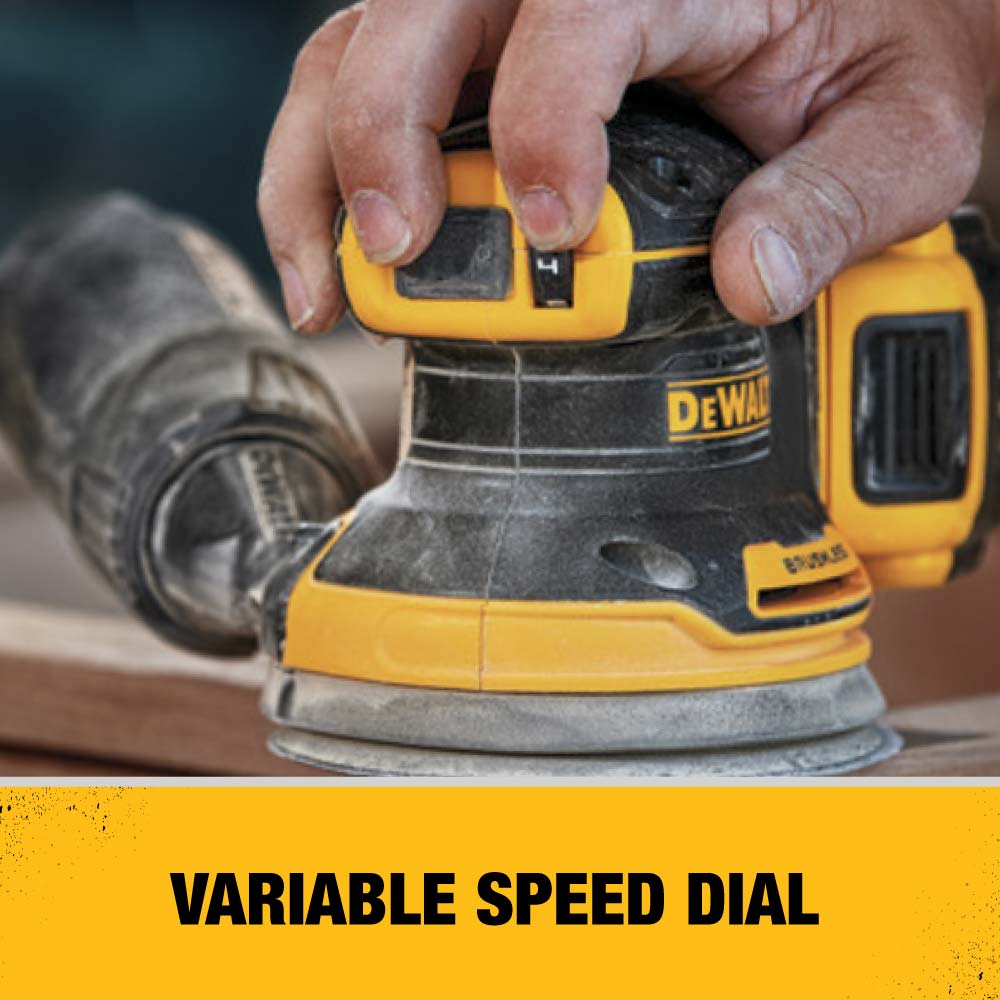 Lijadora inalámbrica orbital aleatoria DEWALT XR de 20 voltios con velocidad variable, sin escobillas y con gestión de polvo. Incluye batería DCW210P1.