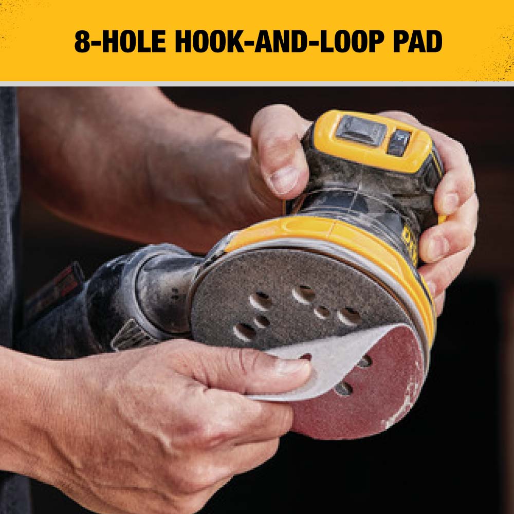 Lijadora inalámbrica orbital aleatoria DEWALT XR de 20 voltios con velocidad variable, sin escobillas y con gestión de polvo. Incluye batería DCW210P1.