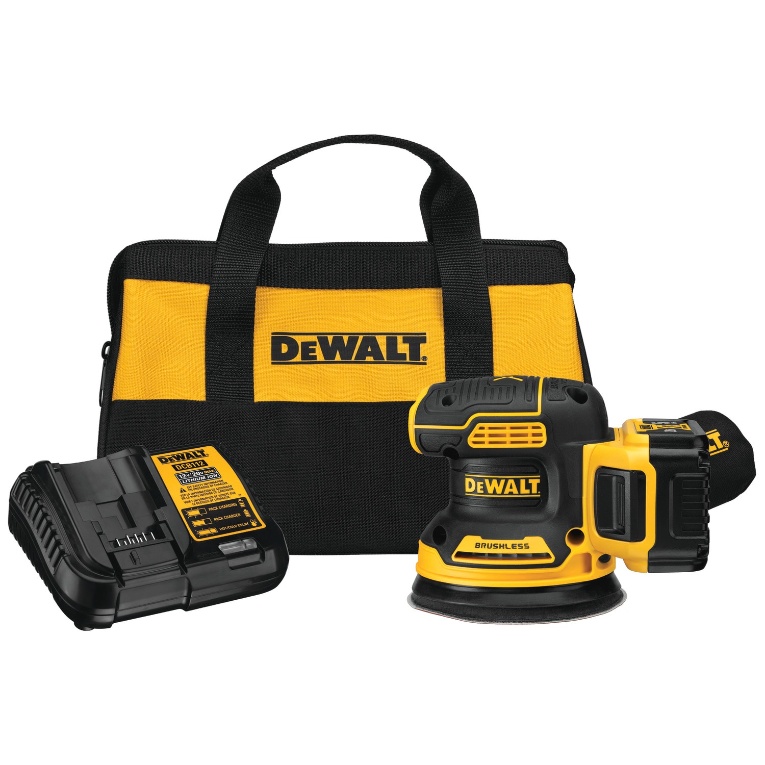 Lijadora inalámbrica orbital aleatoria DEWALT XR de 20 voltios con velocidad variable, sin escobillas y con gestión de polvo. Incluye batería DCW210P1.