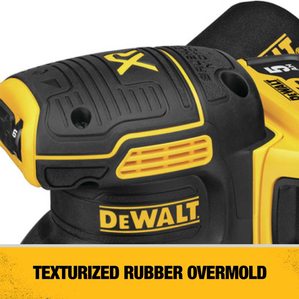 Lijadora inalámbrica orbital aleatoria DEWALT XR de 20 voltios con velocidad variable, sin escobillas y con gestión de polvo. Incluye batería DCW210P1.