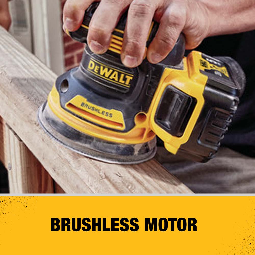 Lijadora inalámbrica orbital aleatoria DEWALT XR de 20 voltios con velocidad variable, sin escobillas y con gestión de polvo. Incluye batería DCW210P1.