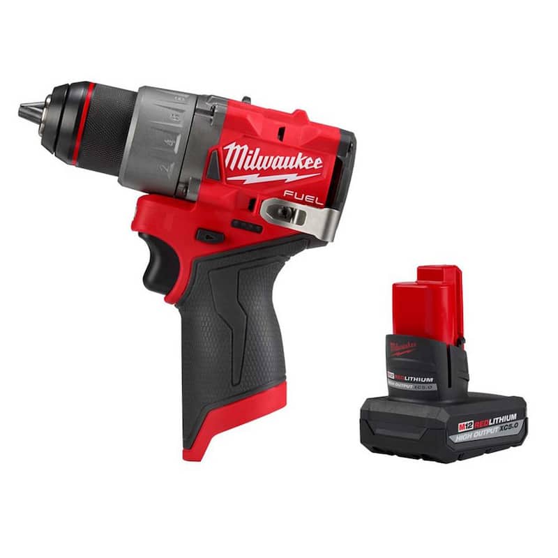 Milwaukee M12 FUEL Taladro/destornillador inalámbrico sin escobillas de iones de litio de 12 voltios con batería de alta capacidad de 5 Ah - 3403-20-48-11-2450
