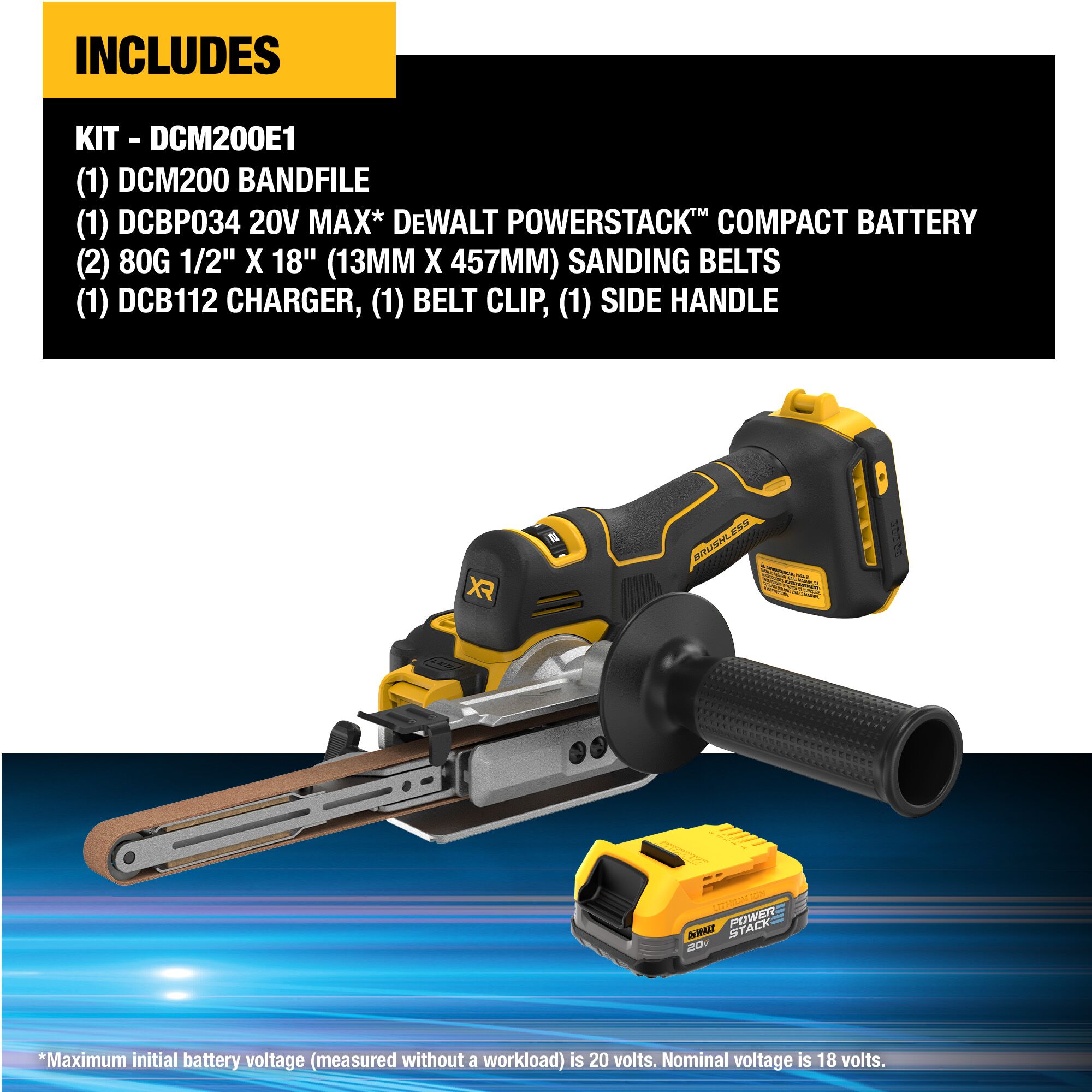 Lijadora inalámbrica DEWALT XR 20-Volt Brushless Variable Speed Bandfile con administración de polvo y batería incluida DCM200E1
