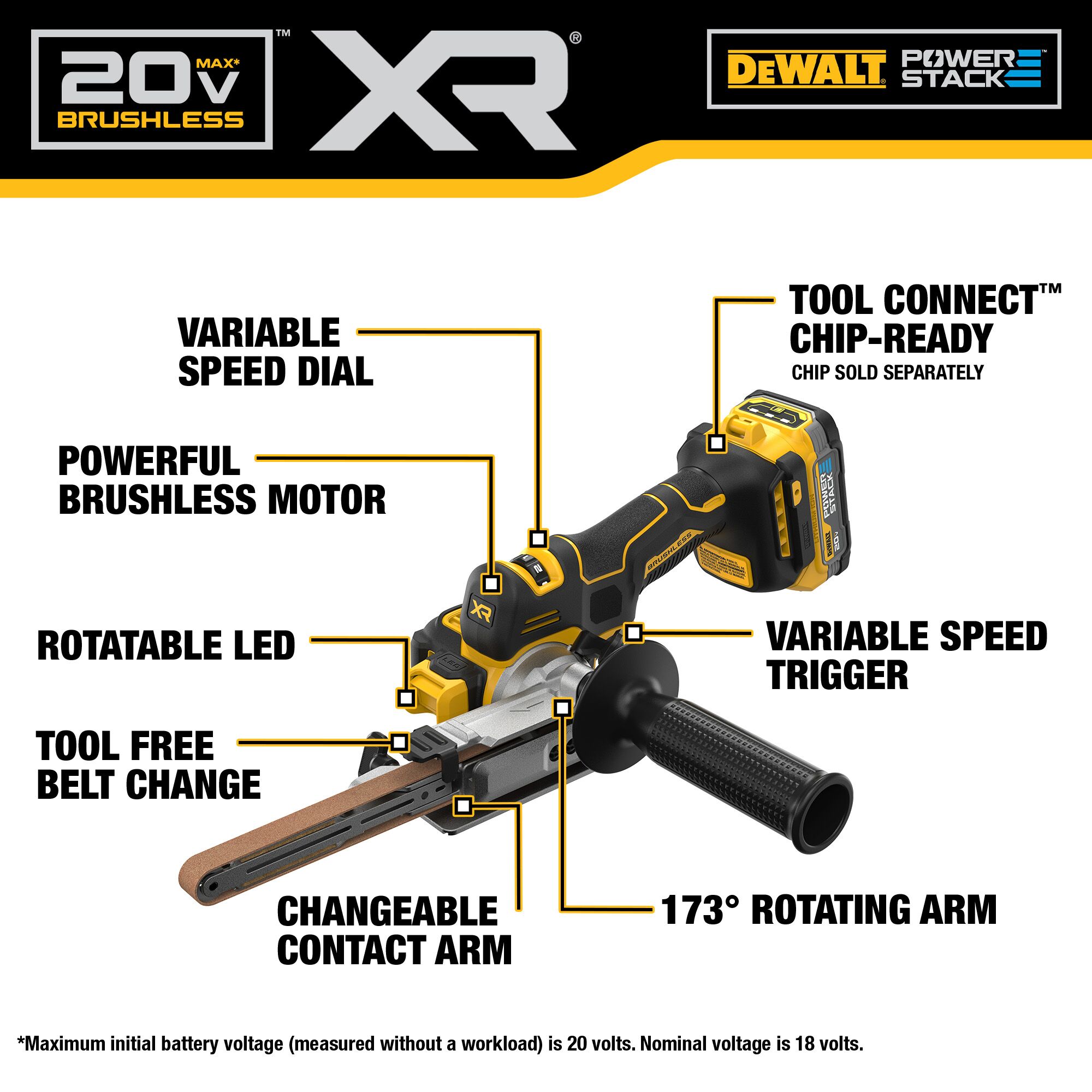 Lijadora inalámbrica DEWALT XR 20-Volt Brushless Variable Speed Bandfile con administración de polvo y batería incluida DCM200E1