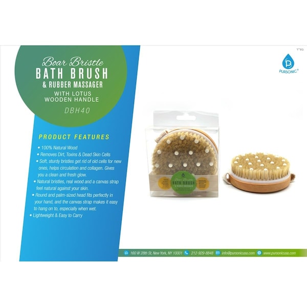 Cepillo de baño de cerdas de jabalí y masajeador de goma Pursonic con mango de madera de loto - DBH40