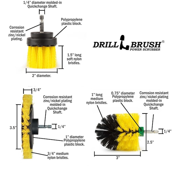 Cepillo para Taladro Power Scrubber de Useful Products 5 pulgadas de ancho 5 pulgadas de largo, Amarillo - Y-EMS-2L-QC-DB