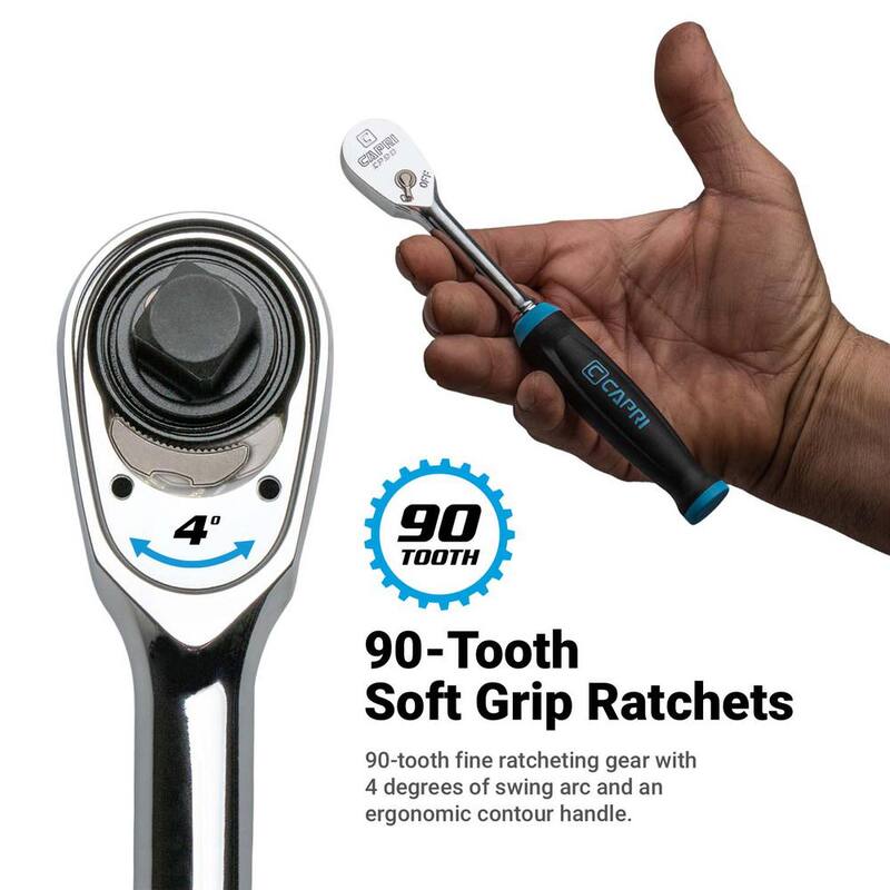 Herramientas Capri Juego de Dados Maestros Métricos de 6 Puntos de Cromo de 1/4 de Pulgada con Extensión y Trinquete de 90 Dientes con Agarre Suave (34 Piezas) - CP12110-34M-SET