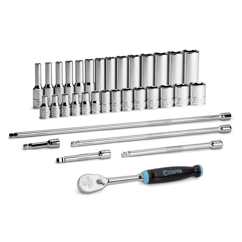 Herramientas Capri Juego de Dados Maestros Métricos de 6 Puntos de Cromo de 1/4 de Pulgada con Extensión y Trinquete de 90 Dientes con Agarre Suave (34 Piezas) - CP12110-34M-SET