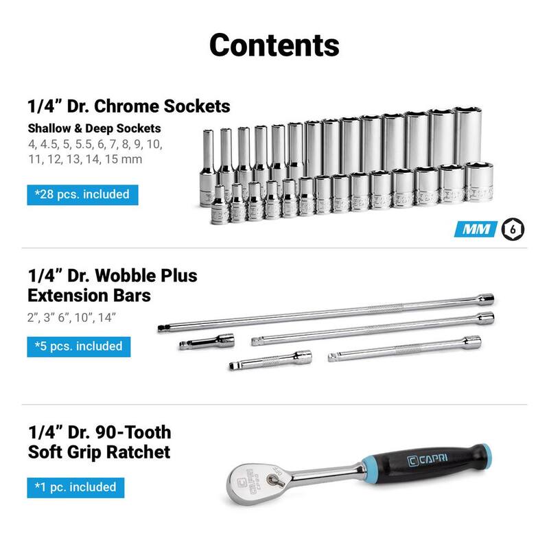 Herramientas Capri Juego de Dados Maestros Métricos de 6 Puntos de Cromo de 1/4 de Pulgada con Extensión y Trinquete de 90 Dientes con Agarre Suave (34 Piezas) - CP12110-34M-SET