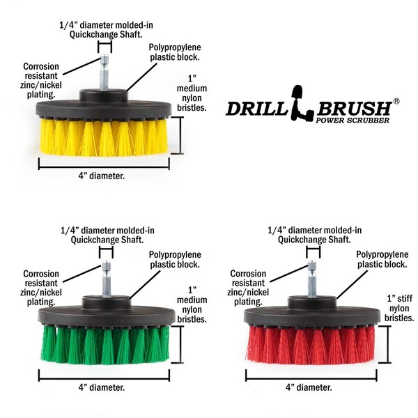 Cepillo taladro Power Scrubber de Useful Products, 5 pulgadas de ancho, 5 pulgadas de largo, variedad - 4IN-S-GRY-QC-DB