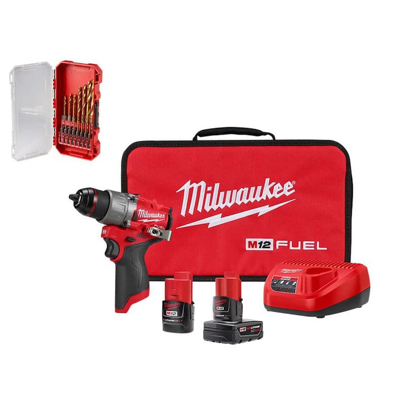 Milwaukee M12 FUEL Taladro inalámbrico de 12 voltios de iones de litio sin escobillas de 1/2 pulgada y kit de brocas para taladro SHOCKWAVE de titanio - 3403-22-48-89-4670