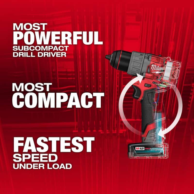 Milwaukee M12 FUEL Taladro inalámbrico de 12 voltios de iones de litio sin escobillas de 1/2 pulgada y kit de brocas para taladro SHOCKWAVE de titanio - 3403-22-48-89-4670