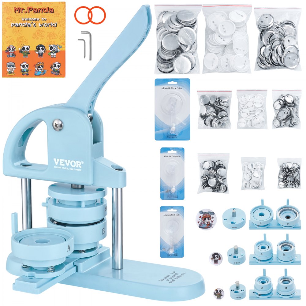 VEVOR 3-IN-1 Button Maker, 1/1.25/2.28 inch(25/32/58mm) Pin Maker, 300pcs Button Parts, Button Maker Machine with Panda Magic Book, Ergonomic Arc Handle Punch Press Kit, For Children DIY Gifts, Blue - SLKXZJ2532582VM00V0