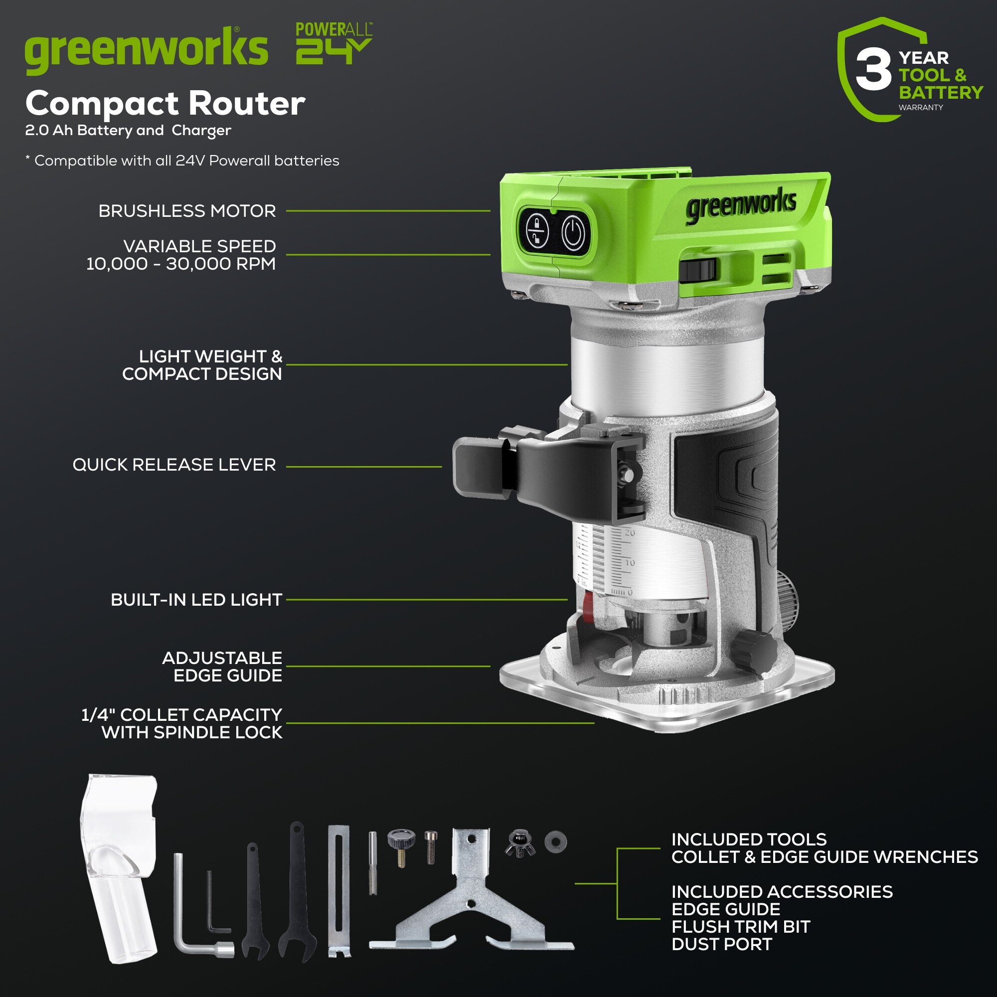 Router Inalámbrico de Velocidad Variable sin Escobillas Greenworks 1/4-in 6-Amp Combo Fijo/Sumergible (Batería incluida) (Cargador incluido) 3516402