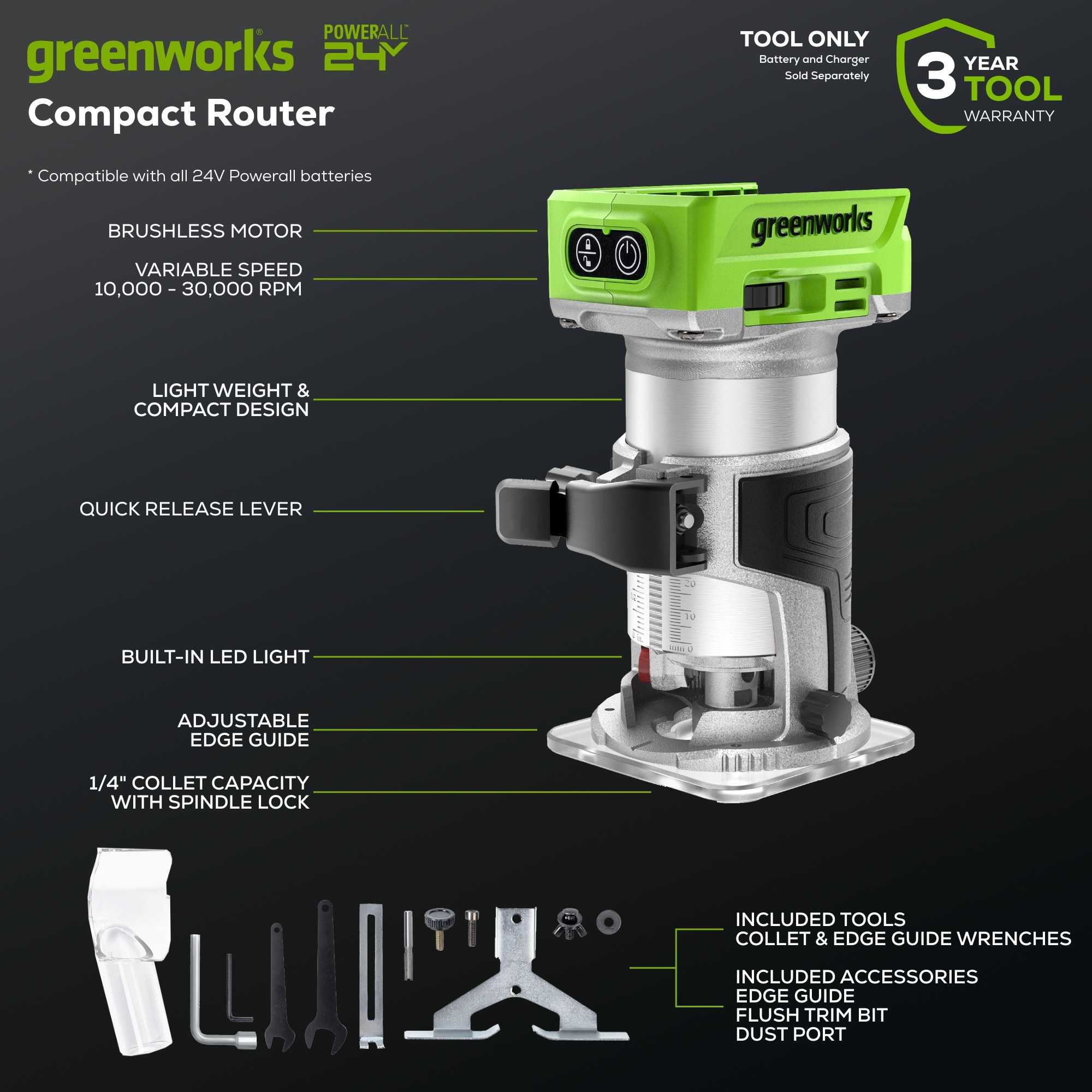 Router Inalámbrico Greenworks 1/4-in 6 -Amp 800 -HP de Velocidad Variable sin Escobillas con Combo Fijo/Sumergible y Mesa 3520002