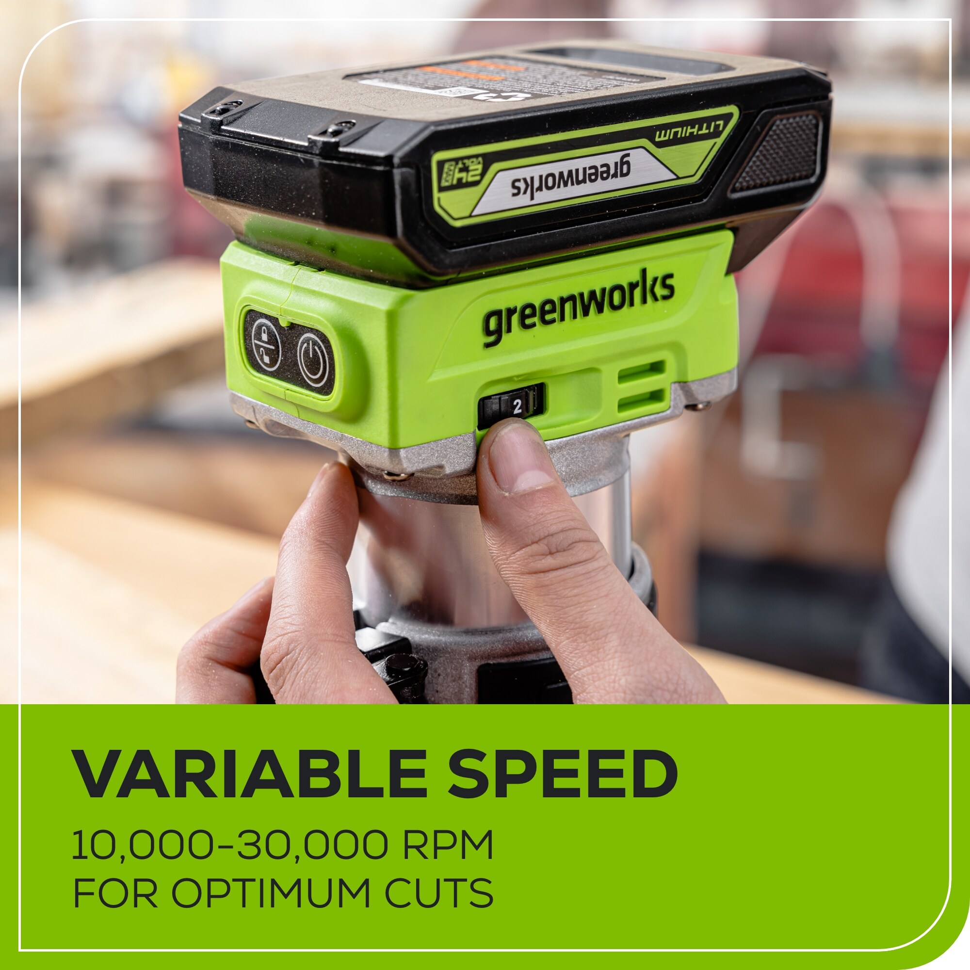 Router Inalámbrico Greenworks 1/4-in 6 -Amp 800 -HP de Velocidad Variable sin Escobillas con Combo Fijo/Sumergible y Mesa 3520002