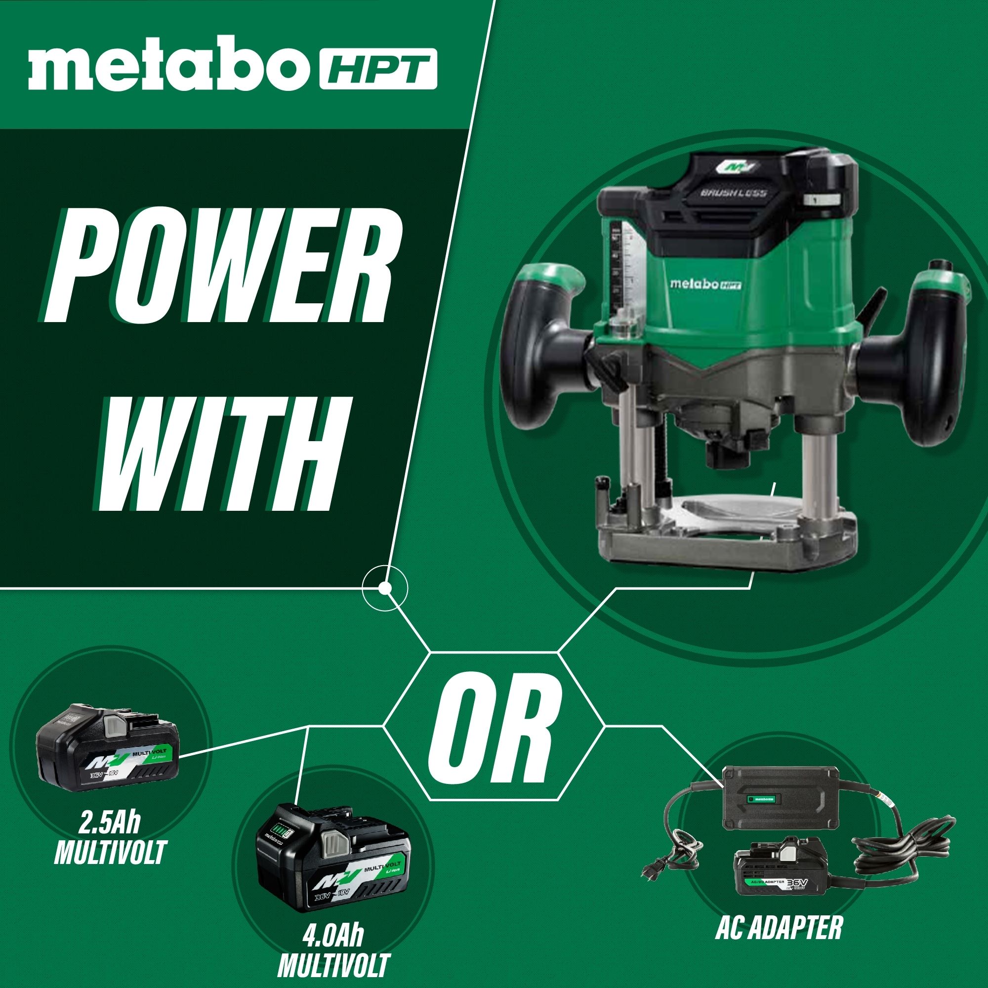Router inalámbrico sumergible de velocidad variable sin escobillas Metabo HPT 1/4 y 1/2 pulgadas 2-HP M3612DAQ4M
