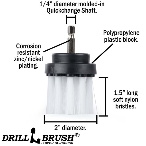 Cepillo para taladro Power Scrubber de Useful Products 2 pulgadas de ancho 2 pulgadas de largo, blanco - 2IN-L-W-QC-DB