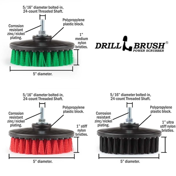 Herramientas de construcción Drillbrush - Kit de 3 cepillos para fregar de tamaño mediano, rígido y ultra rígido - 5IN-S-GRK-T-DB