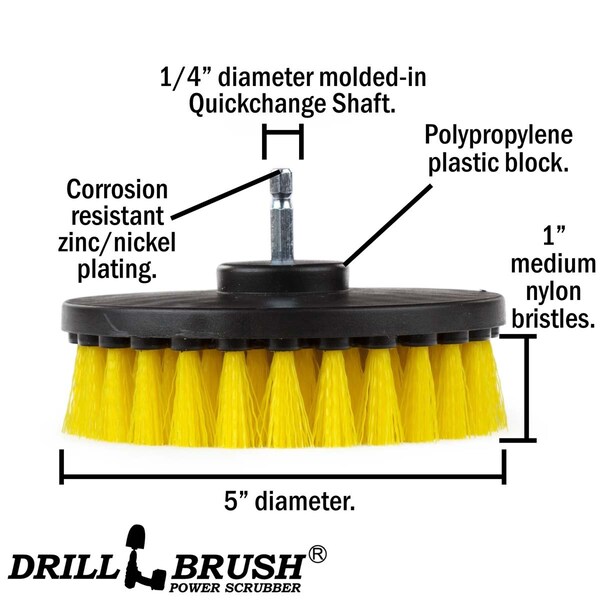 Cepillo de fregado Drillbrush de 5 pulgadas de diámetro, alimentado por taladro, con cuarto de pulgada - 5IN-LIM-YELLOW-SHORT-QC
