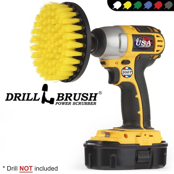 Cepillo de fregado Drillbrush de 5 pulgadas de diámetro, alimentado por taladro, con cuarto de pulgada - 5IN-LIM-YELLOW-SHORT-QC