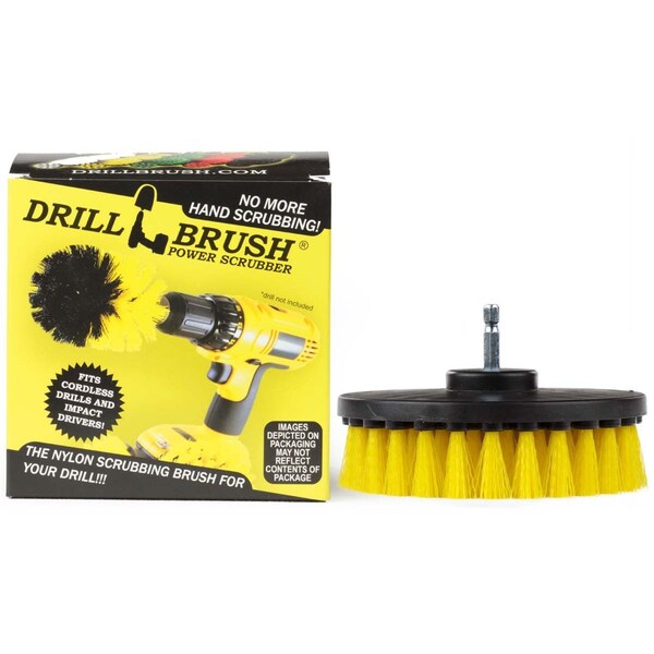 Cepillo de fregado Drillbrush de 5 pulgadas de diámetro, alimentado por taladro, con cuarto de pulgada - 5IN-LIM-YELLOW-SHORT-QC
