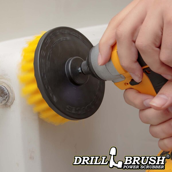 Cepillo de fregado Drillbrush de 5 pulgadas de diámetro, alimentado por taladro, con cuarto de pulgada - 5IN-LIM-YELLOW-SHORT-QC