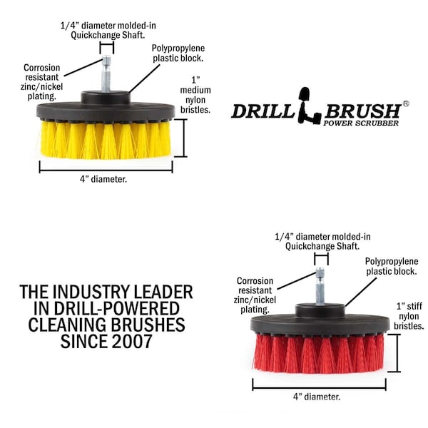Accesorios para baño de Drillbrush: Cortina de baño, tapete para bañera, cepillo para taladro - Giro - 4IN-S-RY-QC-DB