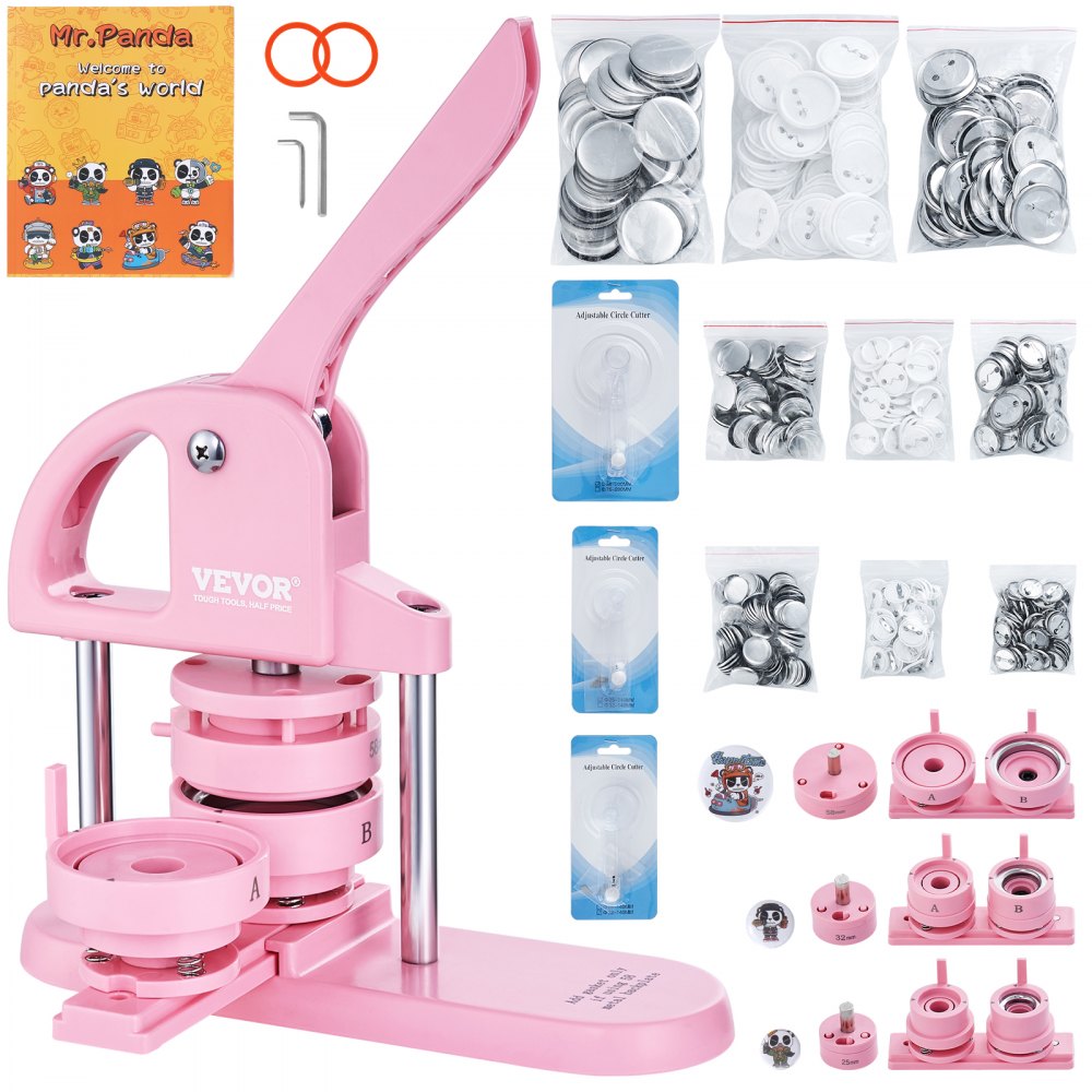 VEVOR 3-IN-1 Button Maker, 1/1.25/2.28 inch(25/32/58mm) Pin Maker, 300pcs Button Parts,Button Maker Machine with Panda Magic Book,  Ergonomic Arc Handle Punch Press Kit, For Children DIY Gifts, Pink - SLKXZJ253258RAQREV0