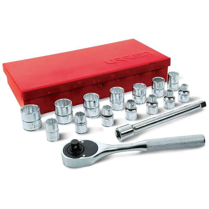 Set de llaves de vaso métricas de 3/8 pulgadas de 12 puntos y accesorios URREA (16 piezas) - 52218