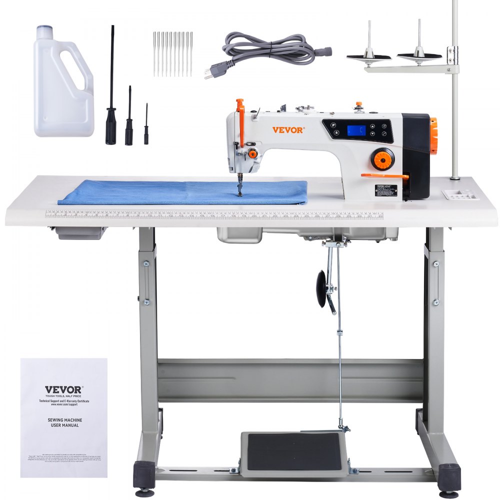 VEVOR Industrial Sewing Machine, 550W Servo Motor and Table Stand, 5000s.p.m Heavy-duty Lockstitch Sewing Machine, Clear Control Panel and Electro-mechanization Intelligent Start-stop for Easy Use - GYFRJ550W500TQHJQV1